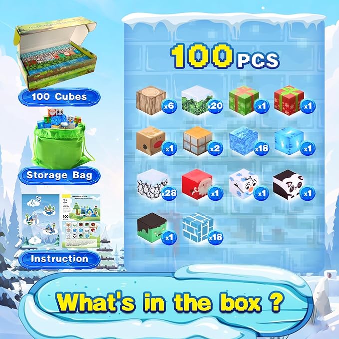 100PCS Magnetic Building Blocks-for Kids, Chirstmas Build Magnet World Set for 3-10 Years Old Boys & Girls Magnetic Building Toys for Toddler (XMS)