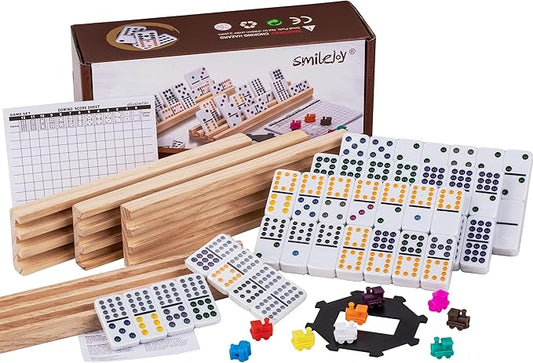 Smilejoy Mexican Train Dominoes Set with Colorful Dot- Double 12 Dominos Set for Adults-Classical Board Game for Elderly, 4 Wooden Rack,91 Tiles, 9 Plastic Trains, Octagon Hub (2-8 Player)