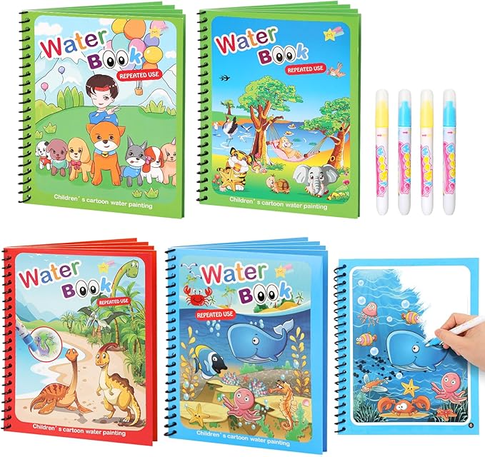 4 Pack Reusable Water Coloring Books for Toddlers, Paint with Water Books,Mess-Free Coloring Book, Portable Educational Doodle Drawing Toy, Improving Children's Imagination, Color Perception