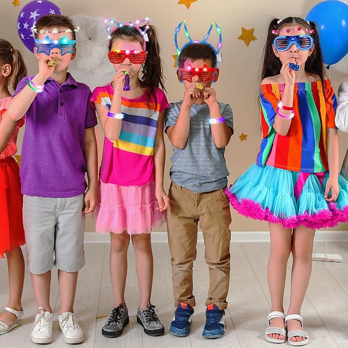 ADXCO 60 Pieces Glow in the Dark Party Supplies Neon Party Favor LED Light Up Party Favors with Flashing Glasses Flower Headband Crown Bracelets Rabbit Cat Ear Headband for Neon Party