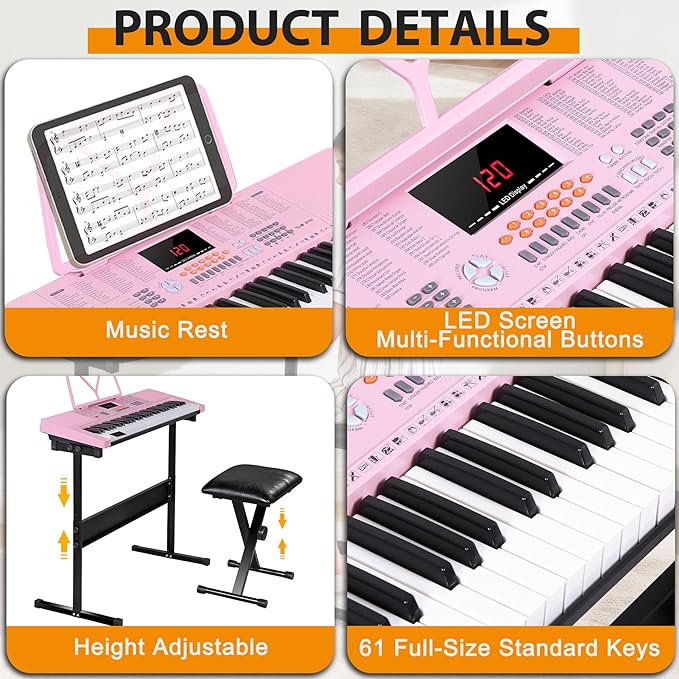 Smartxchoices 61-Key Electronic Keyboard Piano Stand Portable LED Display Keyboard Kit with Adjustable Stand, Adjustable Stool, Headphones, Microphone & Music Rest, Pink