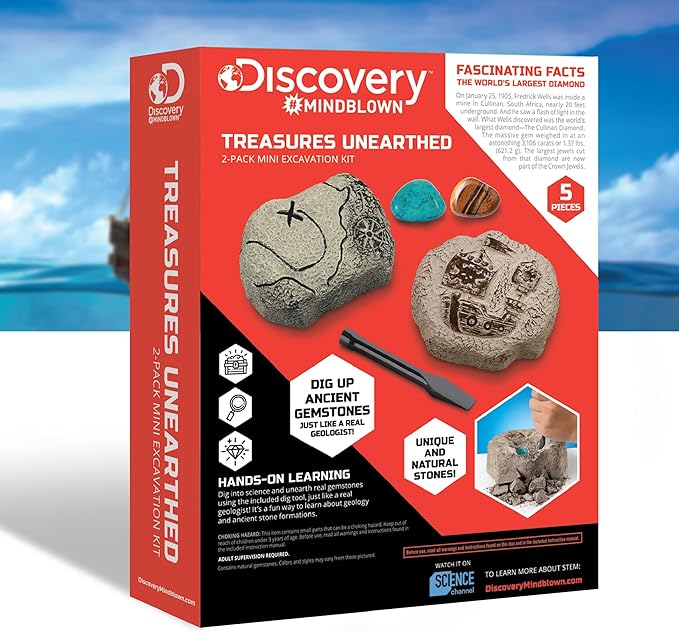 Discovery #MINDBLOWN Mini Unearthed Treasure Set, 2 Pack Excavation Kit w/Chisel, Uncover 2 Gemstones, Interactive Archaeology Geology Paleontology Experiment, Fun & Educational STEM Toy for Kids 6+