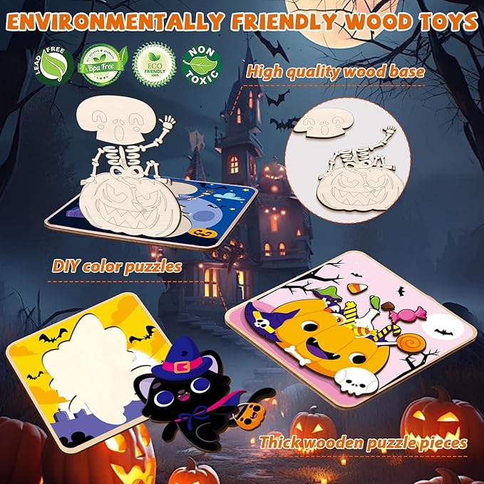 12 Pack Halloween Wooden Puzzles for Toddlers Halloween Puzzles Coloring Craft Kits for Kids Boys Girls Montessori Toys Halloween Party Favors Treat Bag Gifts Educational Learning Jigsaw Puzzle