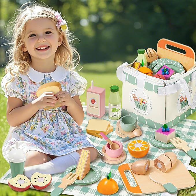 Toyssa Wooden Picnic Tea Party Set for Litle Girls 3-5, Picnic Pretend Play Kitchen Accessories for Kids with Fruits & Desserts, Toys Foods Christmas Birthday Gifts for Girls Boys 3 4 5 6 Years Old