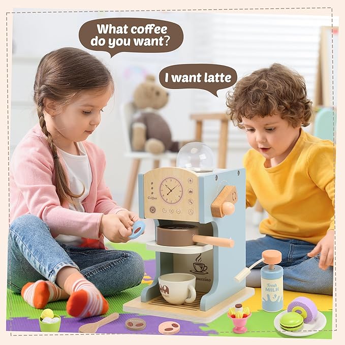 Kids Coffee Playset Kitchen Toys,Wooden Coffee Maker Toy Set with Play Kitchen Accessories, Pretend Play Coffee Set for Kids Girls Boys