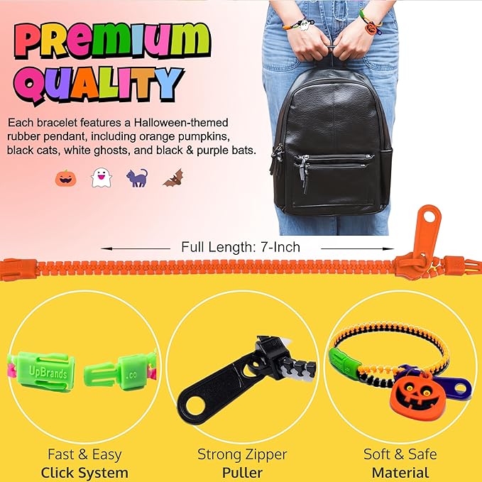 UpBrands 72-Pack Halloween Fidget Zipper Bracelets Bulk - Exciting Sensory Toys for Kids & Adults, Perfect for Fun Halloween Goodie Bags Stuffers and Party Favors Kit