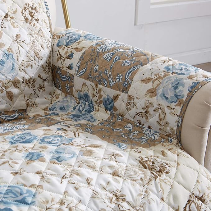 Great Bay Home Reversible Floral Patchwork Furniture Protector Scalloped Edge Stain Resistant Printed Furniture Protector Maribel Collection (Sofa, Taupe/Blue)