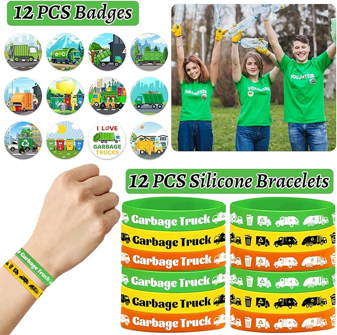 110 PCS Garbage Truck Party Favors, Garbage Trash Truck Tattoos Silicone Bracelets Keychains Stickers Badges for Garbage Truck Birthday Party Decorations Supplies Gifts for Kids Classroom Rewards
