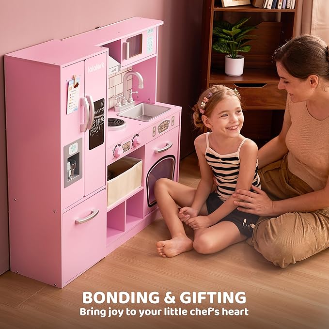 Play Kitchen Set for Toddlers, Wooden Toy Playset with Real Lights & Sounds, Double-Door Fridge, Ice Maker & Cookware Accessories, Pretend Play Kitchen Set for Kids, Gift for Ages 3+