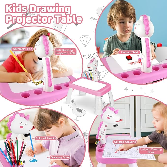Drawing Projector for Kids,Projector for Drawing Toys for Ages 5-7,Drawing pad with Music,Pencils,Crayons,Scrapbook,Sticker Book,Unicorn Stickers,Kids Projector Unicorn Toys for Girls Age 4-6