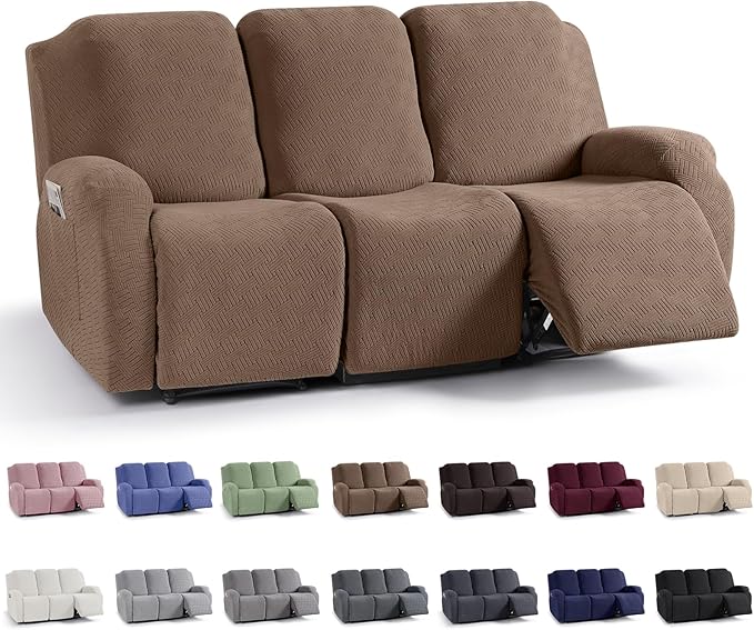 KinCam Recliner Covers, Stretch Reclining Chair Covers, Recliner Sofa Slipcovers Stripe Jacquard Recliner Couch Covers Furniture Protector Covers for Pet Kid (3 Seater, Light Coffee)
