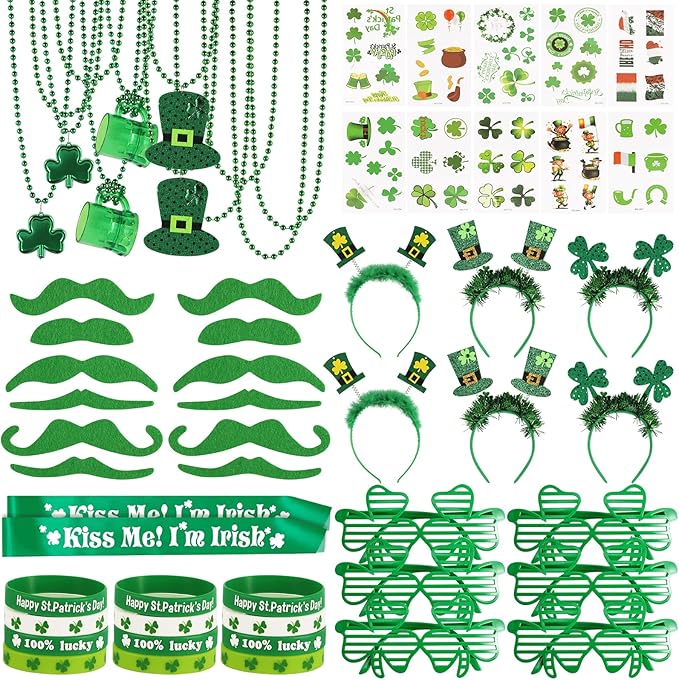 117Pcs St. Patrick's Day Party Favors Supplies Include Necklace, Shamrock Shutter Shades Glasses, Tattoos, Mustache, Bracelets, Kiss Me I'm Irish Sash for Kids St Patrick's Day Party Accessories Decor