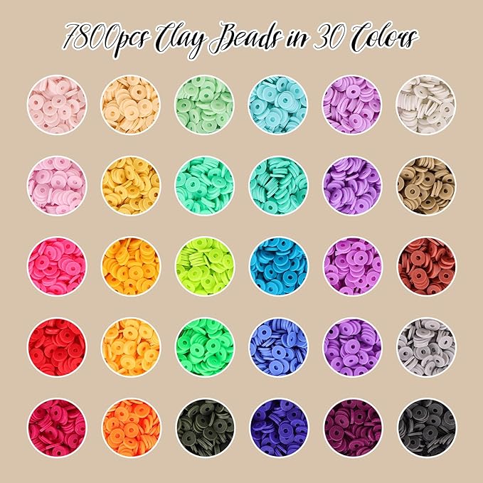 QUEFE 8200pcs Clay Beads Bracelet Making Kit, 30 Colors Flat Preppy for Friendship Bracelets, Polymer Heishi Beads with Charms for Jewelry Making, Holiday Crafts Gift for Teen Girls Adults