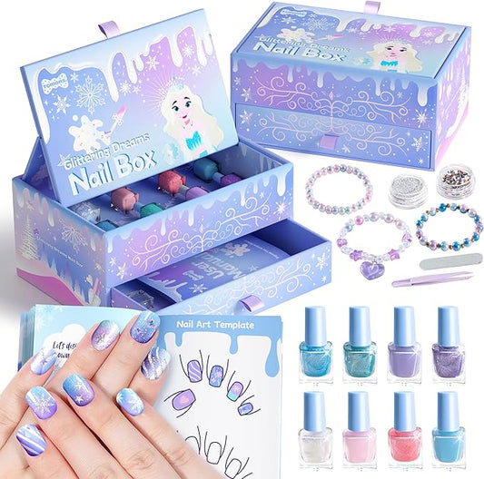 Tomons Kids Nail Polish Set for Girls, Non Toxic Nail Polish Art Kit for Kids Ages 7-12, Frozen Toys Gifts for 8 9 10 11 12 Year Old Girl, Bracelets, Glitter, Sequins, Stickers - 8 Colors