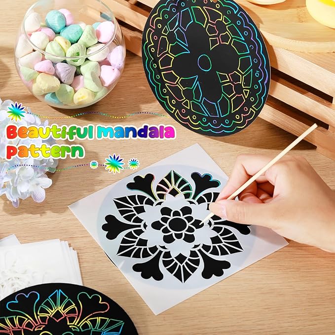 48 Pieces Mandala Scratch Cards Rainbow Xmas Scratch Paper for Kids DIY Round Ornaments with Drawing Stencils Wooden Stick and Ribbon Suitable Hobby for Adults, Kids, Teens and Seniors