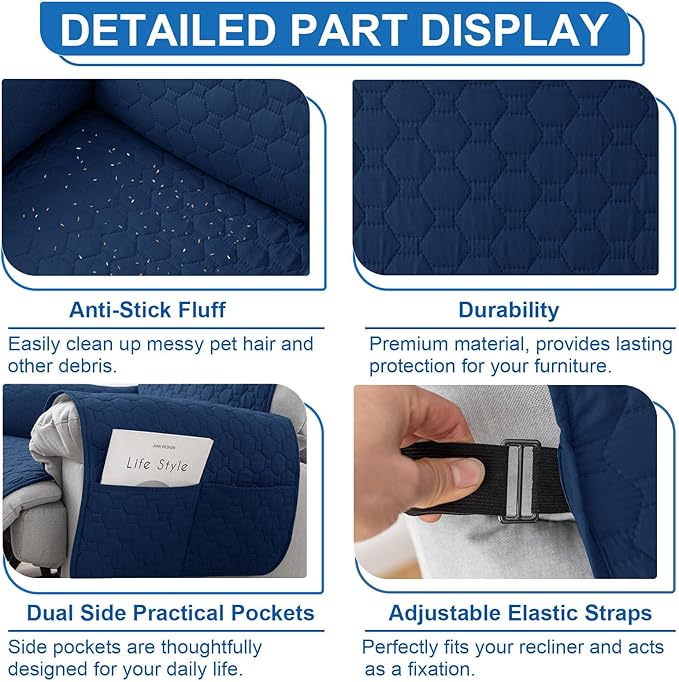 100% Waterproof Recliner Chair Covers That Stay in Place, Non-Slip Recliner Cover with 5 Pockets, Elastic Straps, Washable Reclining Chair Protector for Kids, Pets, Dogs, Dark Blue