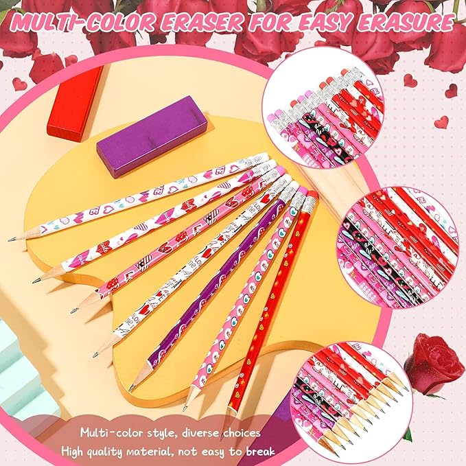 Valentines Day Gifts for Kids Classroom, Valentines Party Favors Stationery Set Includes 12 Pencils, 12 Heart Erasers,12 Slap Bracelets for Kid School Student Gift Exchange