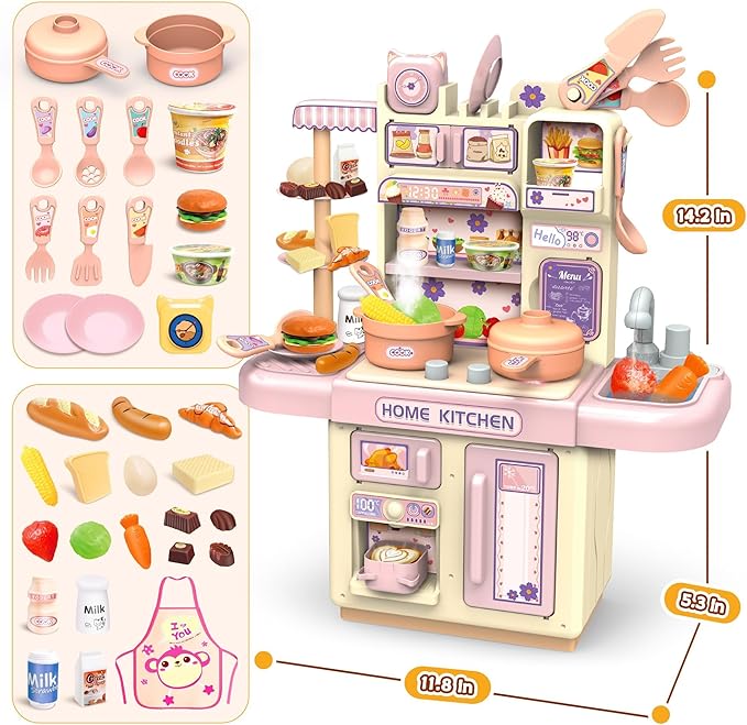 Mini Kids Kitchen Playset with Apron, Play Kitchen Toy with Realistic Steam and Lights, Play Sink and Toy Kitchen Accessories, Pretend Play Gift for Toddlers 3-5 Boys Girls (Pink)