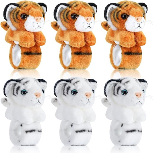 Sosation 6 Pcs Stuffed Animal Slap Bracelets for Kids Hug Slap Bracelet Bulk Tiger Leopard Stuffed Animal Plush Kids Toy for Halloween Birthday Gifts Party Favors(Tiger Style)