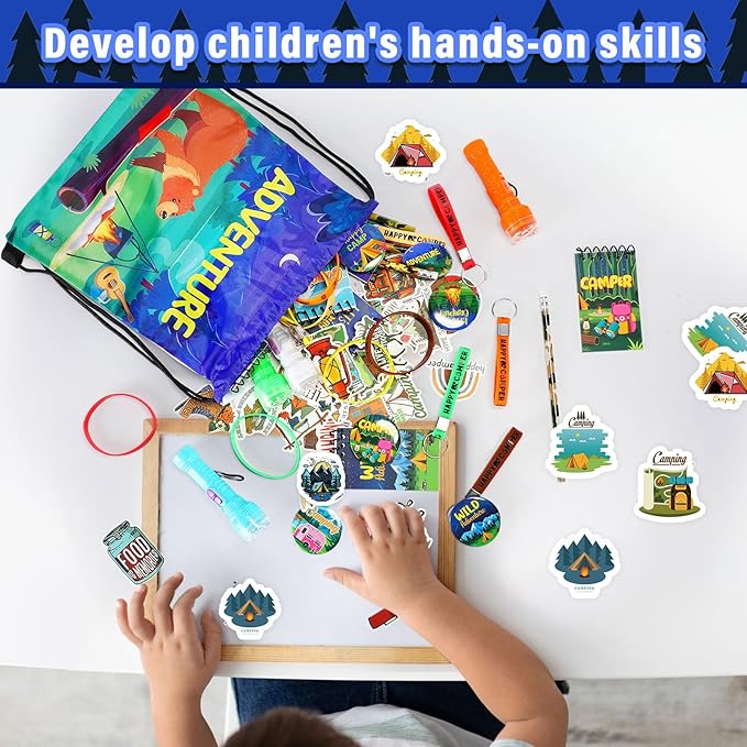 Zhanmai 140 Pcs Camping Party Favors Include Silicone Bracelets, Stickers, Camping Keychain, Badge, Camouflage Pencils, Spiral Camp Adventure Theme Notepads Drawstring Bags Mini Flashlight for Kids