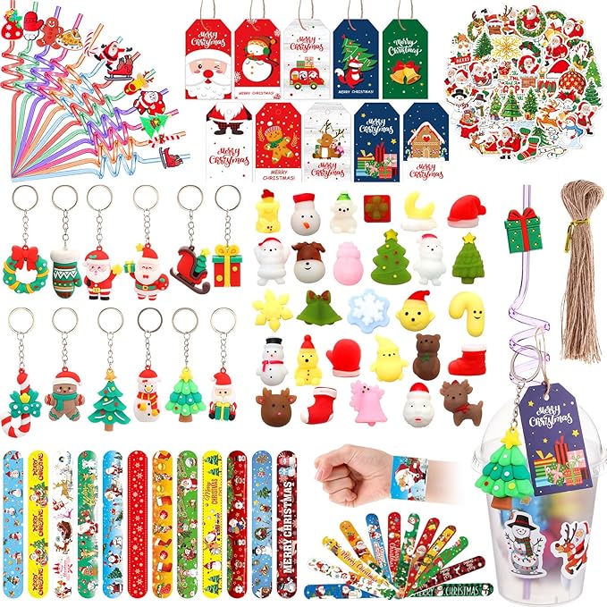 Shappy 160 Pcs Christmas Party Favors Prizes Gift Bulk, Assortment Toys Plastic Cups with Lids Mini Christmas Squeeze Slap Bracelets Straws Sticker Gift Tags and Keychains Xmas Goodie Bags for Kids