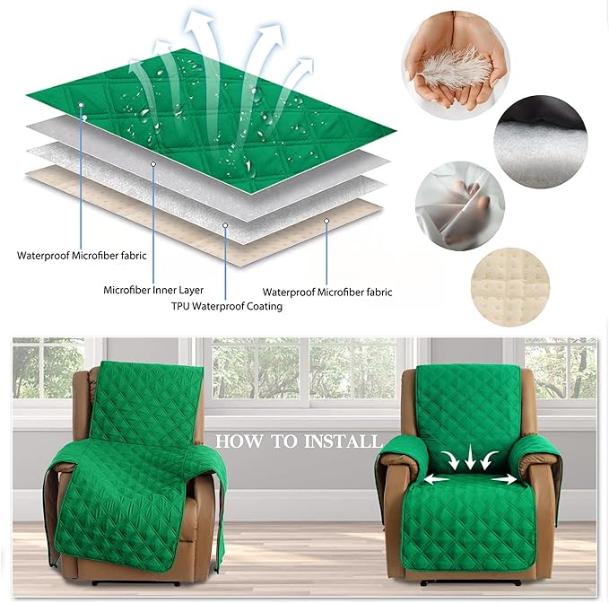 TOMORO Non-Slip Quilted Recliner Cover, 100% Waterproof Recliner Chair Slipcover Furniture Protector with Pockets, Washable Couch Cover with Elastic Straps for Kids and Pets,23 Inch