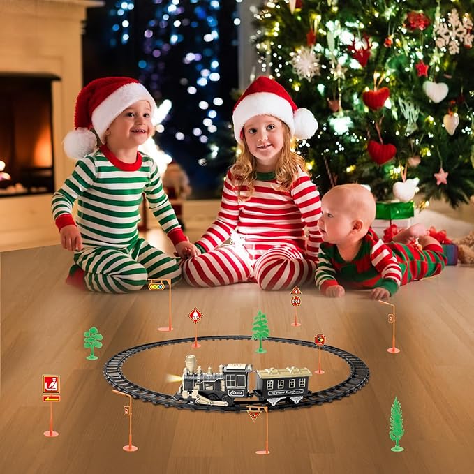 JUQU Train Set - Train Toys for Boys w/Lights & Sounds (ON/Off), Toddler Toy Train Sets w/Locomotive Engine, Cars& Tracks, Christmas Train Gift for 3 4 5 6 7 8+ Year Old Kids Birthday Gifts