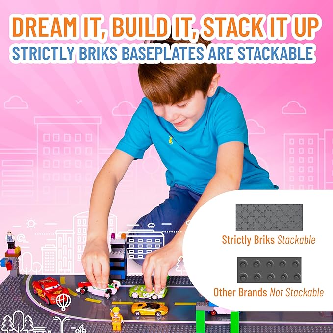 Strictly Briks Compatible with Lego Building Blocks Road Plates 10" x 10", 4 Pack Brick Baseplates for City Road, Street, Race Track, Classic Size (2 Straight + 1 Curved + 1 Intersection)