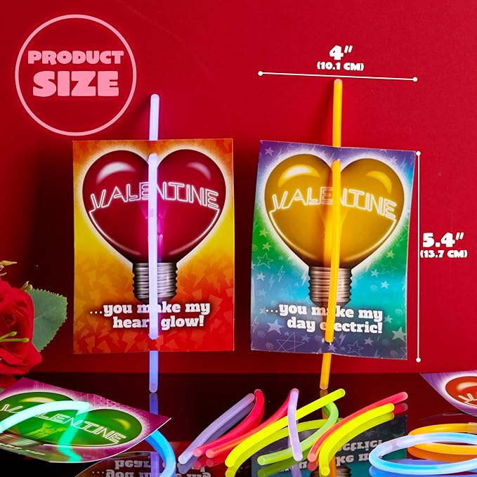 JOYIN 36 Packs Neon Valentines Day Gift Cards with Glow Stick Bracelets, Glow in the dark Necklaces for Valentine's Party Favor, Valentine Classroom Exchange Cards, Valentine School Prize