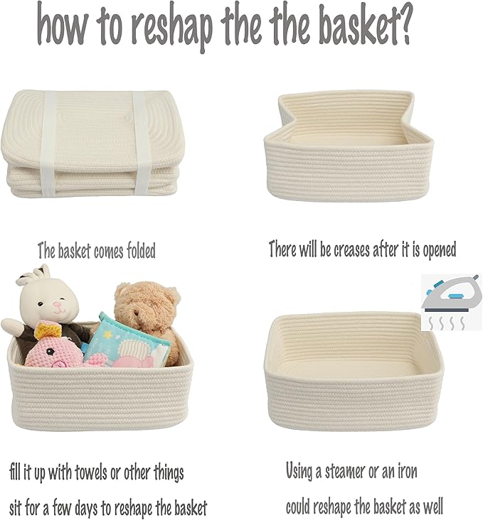 XUANGUO Small Woven Storage Baskets 13“X9”X5“ Decorative Rope Bins for Organizing Shelves, Closets, and Toys, Empty Gift Baskets, Cute Organizer Basket for Home and Office White Large