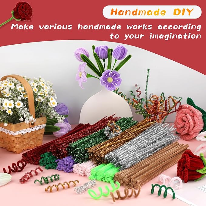 Pipe Cleaners, 100Pcs Creative Crafting Pipe Cleaners Supplies for Flowers Making, Chenille Stems Supplies for DIY Hand Crafts, Bouquet Festivals Home Decorations/Wine Red