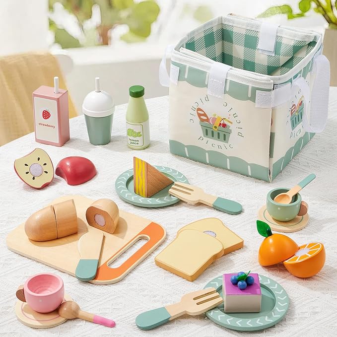 Toyssa Wooden Picnic Tea Party Set for Litle Girls 3-5, Picnic Pretend Play Kitchen Accessories for Kids with Fruits & Desserts, Toys Foods Christmas Birthday Gifts for Girls Boys 3 4 5 6 Years Old
