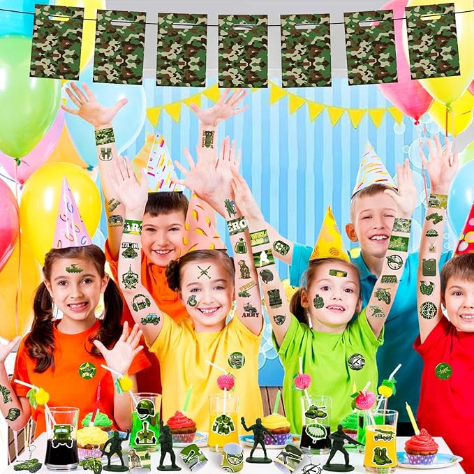 122 PCS Army Party Favors, Military Camo Temporary Tattoos Slap Bracelets Keychains Stickers Badges Goodie Bags Soldiers Figures for Army Birthday Party Decorations Gifts for Kids Classroom Rewards