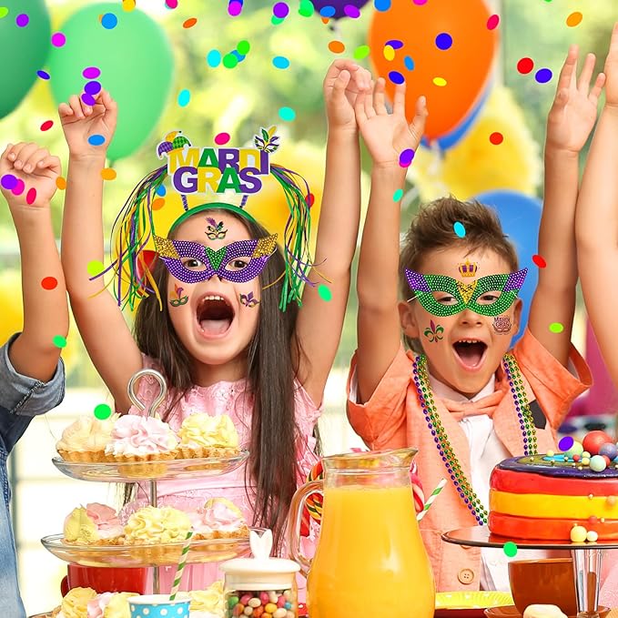 Winlyn 128 Pcs Mardi Gras Accessories Set Bulk Party Favors Supplies Mardi Gras Beads Necklaces Coins Head Boppers Bracelets Tattoos Purple Green Gold for Mardi Gras Masquerade Parade Décor