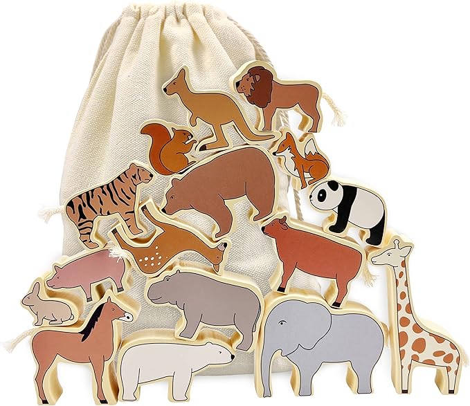 Xylolin Wooden Zoo Animal Blocks Stacking and Balancing Toy, Toddler Wood Animal Figures Blocks Imaginative Play, Preschool Educational Toys and Stack Balance Games for Kids