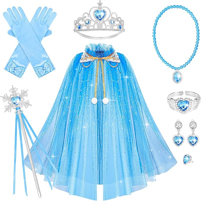 10 Pieces Princess Cape Set Dress up Clothes for Little Girls Party Cosplay Cloak with Jewelry Tiara Crown Wand Gloves