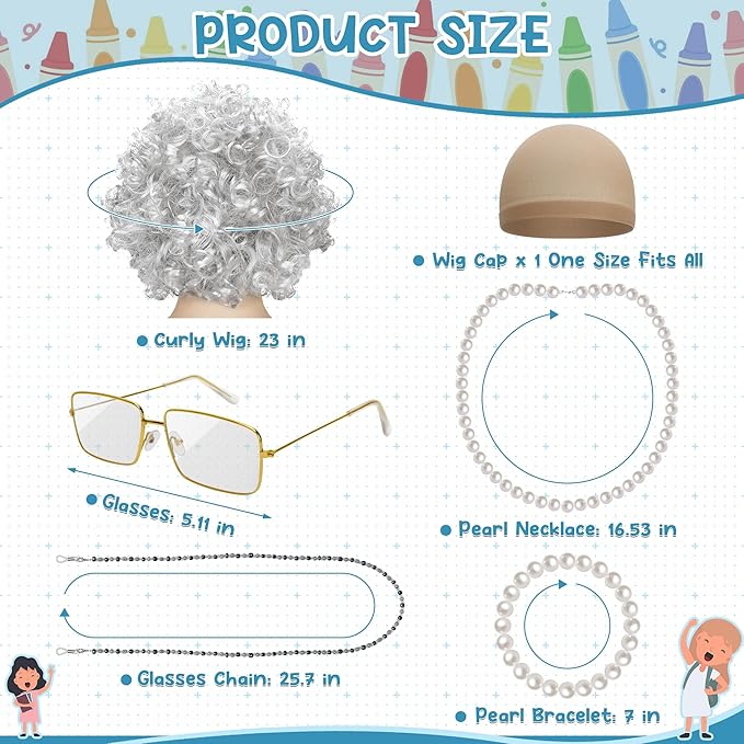100th Day of School Costume for Girls, Old Lady Cosplay Silver Curly Wig Glasses Wig Cap Pearl Necklace Bracelet Accessories