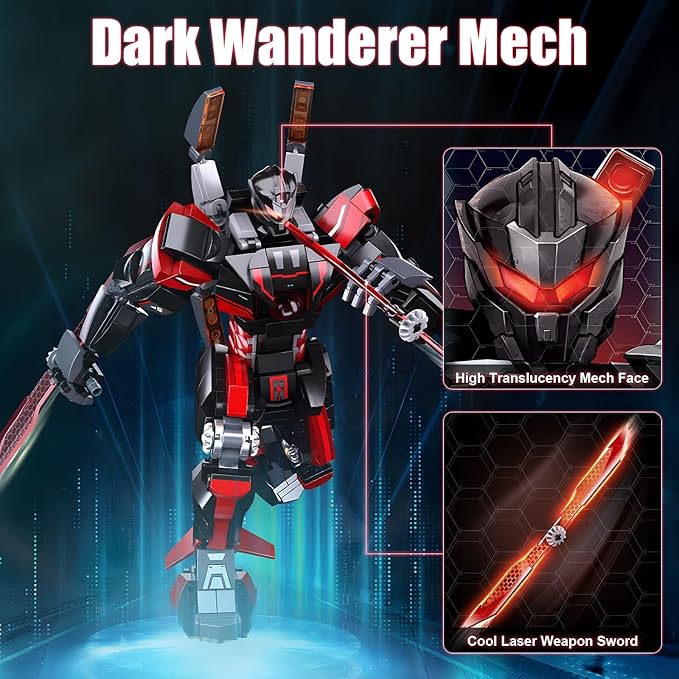 Wanderer Mech Building Blocks Set for Adults,Dark Robot Model Building Kit with 2 Multiple Weapons, 585 Pcs Creative Collectible Gift for Boys Kids 8-12