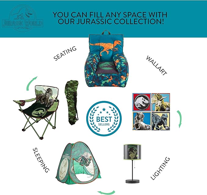 Idea Nuova Jurassic World Plush Folding Saucer™ Chair with 32" Folding and Metal Frame for Kids,Teens,Adults, Large