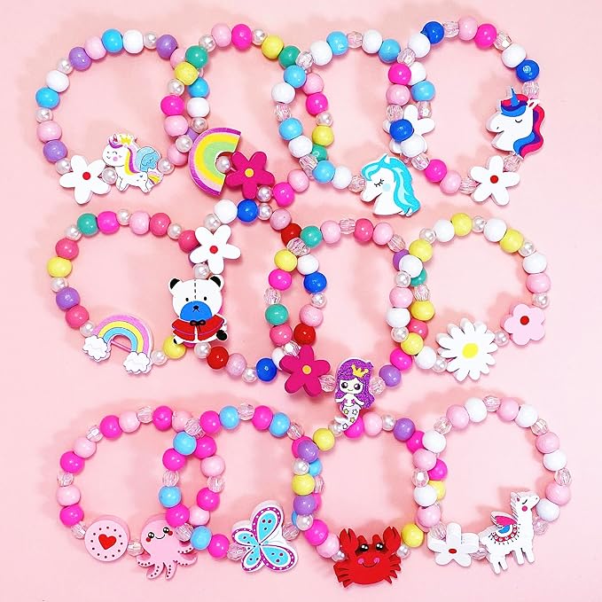 12 PCS Girls Bracelet for Kids Unicorn Mermaid Wooden Beaded Bracelets Birthday Party Favors Goodies Bag Stuffers Fillers Cute Pinata Stuffers Rainbow Butterfly Jewelry Gifts