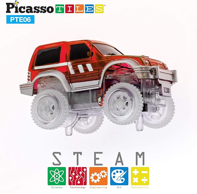PicassoTiles 3 pcs Magnetic Toy Car Set Light Up LED Highly Detailed Compatible with Magnet Race Track STEM Truck Replacement Accessories Educational Building Kits for Toddlers Boys & Girls Ages 3+