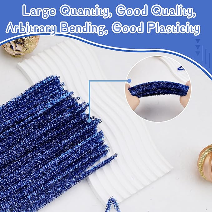 Hssugi Royal Blue Pipe Cleaners, 100PCS Pipe Cleaners Craft Supplies, Glitter Golden Pipe Cleaners Bulk Fuzzy Sticks for DIY Art and Craft Projects Home Decoration