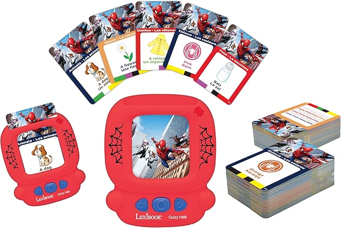 LEXiBOOK, Spiderman, Bilingual Interactive Card Reader, Spanish/English, 150 Double-Sided Educational Cards, Educational Quiz & flashcard Machine, Red/Blue, JCR10SPi2