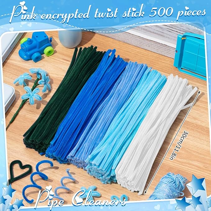 Peryiter 500 Pieces Pipe Cleaners Chenille Stems 12 Inch Craft Supplies Bulk for DIY Art and Craft Projects Creative Gift Wrapping Party Decorations(Blue Flower Color,12 Inch)