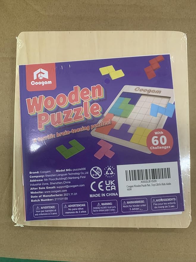 Coogam Wooden Puzzle Pattern Blocks Brain Teasers Game with 60 Challenges, 3D Russian Building Toy Wood Tangram Shape Jigsaw Puzzles Montessori STEM Educational Toys Gift for Kids Adults