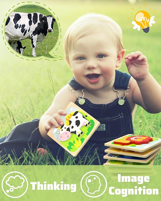 Benresive Wooden Toddler Puzzles, 6pcs Animal Montessori Toys for 1-3 Year Old Boys & Girls, Learning Educational Preschool Toys, Great Gifts for 1 2 3 Year Olds