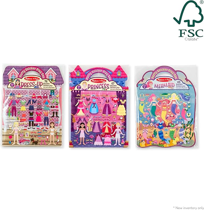 Melissa & Doug Puffy Sticker Activity Books Set: Dress-Up, Princess, Mermaid - 208 Reusable Stickers - FSC Certified
