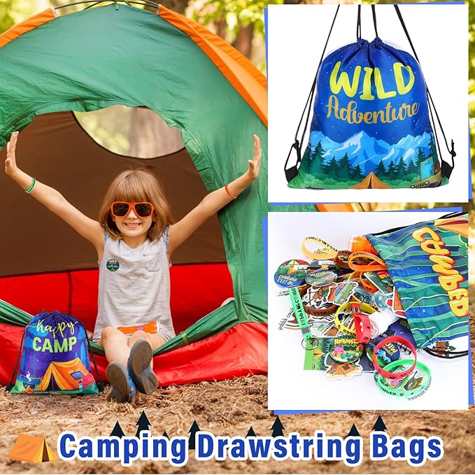 Zhanmai 140 Pcs Camping Party Favors Include Silicone Bracelets, Stickers, Camping Keychain, Badge, Camouflage Pencils, Spiral Camp Adventure Theme Notepads Drawstring Bags Mini Flashlight for Kids