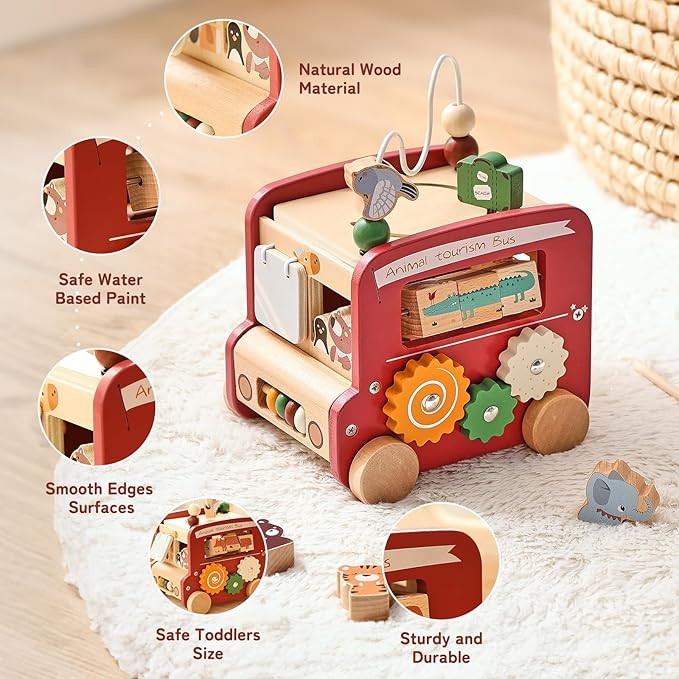 Wooden Activity Cube 8-in-1 Montessori Toys | Multifunctional Early Educational Learning Toys | Activity Cube for Baby Shape Sorter Xylophone Animal Travel Bus Toys Boy Girl Birthday Gift(Red Bus)