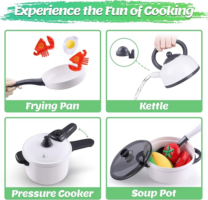 iPlay, iLearn Kids Kitchen Toy Accessories, Toddler Cooking Playset, Pretend Pots Pans Set, Girls Cookware Appliance, Child Cutting Food Utensils, Valentine's Easter Gift for 3 4 5 Years Old Boy-White